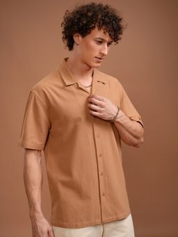 HIGHLANDER - Men's Orange Collar Neck Half Sleeves Relaxed Solid/Plain Shirt