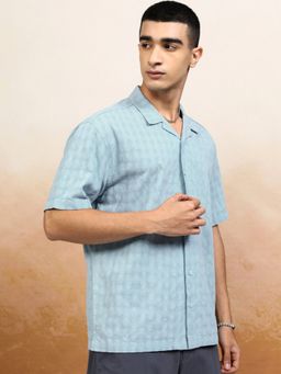 HIGHLANDER - Men's Blue Collar Neck Half Sleeves Relaxed Textured Shirt