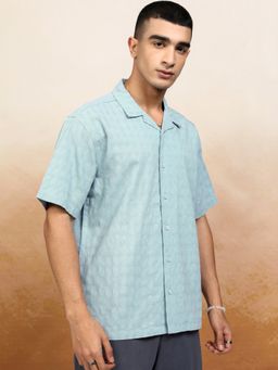 HIGHLANDER - Men's Blue Collar Neck Half Sleeves Relaxed Textured Shirt