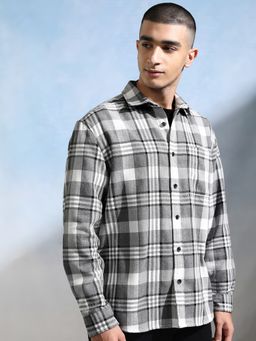 HIGHLANDER - Men's Grey Collar Neck Full Sleeves Oversized Checks Shirt