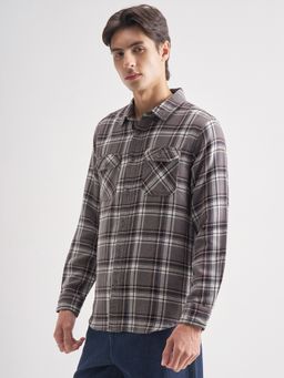 HIGHLANDER - Men's Grey Collar Neck Full Sleeves Slim Checks Shirt