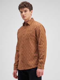 HIGHLANDER - Men's Rust Collar Neck Full Sleeves Relaxed Textured Shirt