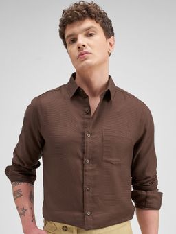 HIGHLANDER - Men's Brown Collar Neck Full Sleeves Slim Textured Shirt