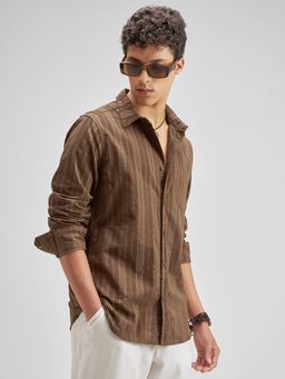 HIGHLANDER - Men's Brown Collar Neck Full Sleeves Slim Stripes Shirt