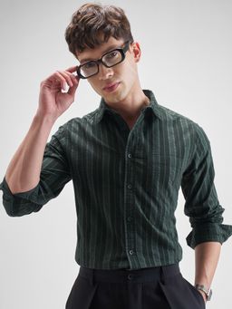 HIGHLANDER - Men's Green Collar Neck Full Sleeves Slim Stripes Shirt