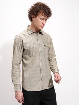 HIGHLANDER - Men's Beige Collar Neck Full Sleeves Slim Printed Shirt
