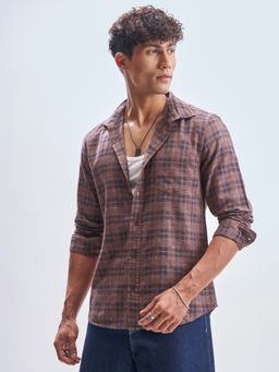 HIGHLANDER - Men's Rust Collar Neck Full Sleeves Slim Checks Shirt