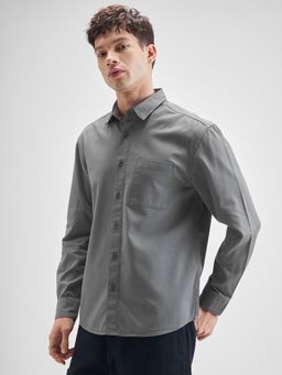 HIGHLANDER - Men's Grey Collar Neck Full Sleeves Oversized Solid/Plain Shirt
