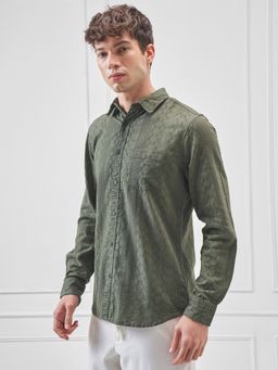 HIGHLANDER - Men's Green Collar Neck Full Sleeves Slim Self Design Shirt