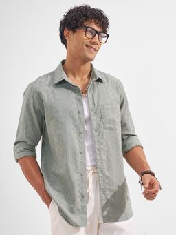 HIGHLANDER - Men's Green Collar Neck Full Sleeves Slim Textured Shirt