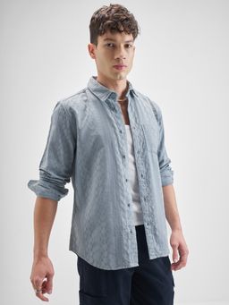 HIGHLANDER - Men's Blue Collar Neck Full Sleeves Slim Textured Shirt