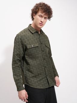 HIGHLANDER - Men's Olive Collar Neck Full Sleeves Oversized Textured Shirt
