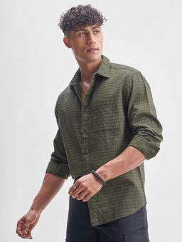 HIGHLANDER - Men's Green Collar Neck Full Sleeves Relaxed Textured Shirt