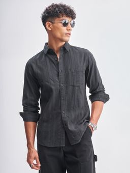 HIGHLANDER - Men's Black Collar Neck Full Sleeves Slim Textured Shirt