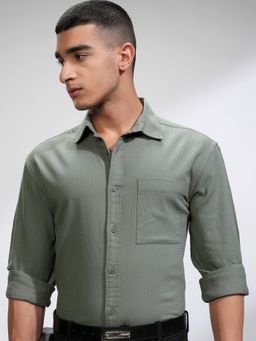 HIGHLANDER - Men's Green Collar Neck Full Sleeves Relaxed Textured Shirt