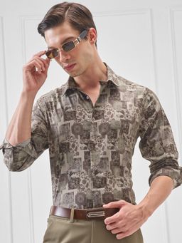 HIGHLANDER - Men's Multi-Colour Collar Neck Full Sleeves Slim Geometric Shirt