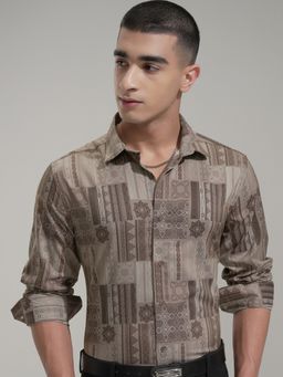 HIGHLANDER - Men's Beige Collar Neck Full Sleeves Slim Floral Shirt