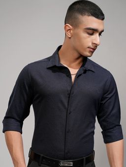 HIGHLANDER - Men's Navy Blue Collar Neck Full Sleeves Slim Textured Shirt
