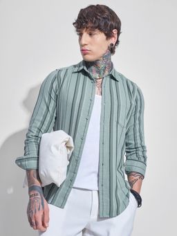 HIGHLANDER - Men's Green Collar Neck Full Sleeves Slim Stripes Shirt