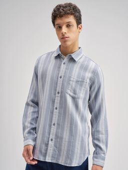 HIGHLANDER - Men's Blue Collar Neck Full Sleeves Slim Stripes Shirt