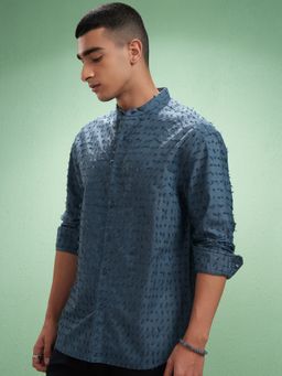 HIGHLANDER - Men's Blue Mandarin Neck Full Sleeves Relaxed Textured Shirt