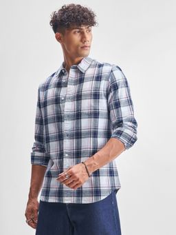 HIGHLANDER - Men's Blue Collar Neck Full Sleeves Slim Checks Shirt