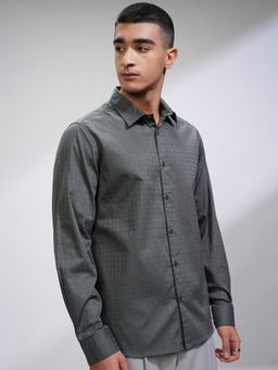 HIGHLANDER - Men's Charcoal Collar Neck Full Sleeves Slim Textured Shirt