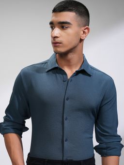 HIGHLANDER - Men's Teal Collar Neck Full Sleeves Slim Textured Shirt