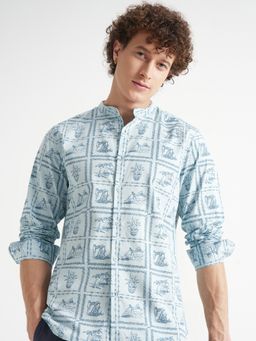 HIGHLANDER - Men's Blue Mandarin Neck Full Sleeves Slim Printed Shirt