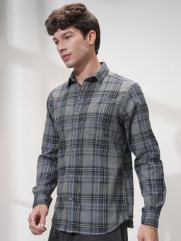 HIGHLANDER - Men's Grey Collar Neck Full Sleeves Slim Checks Shirt