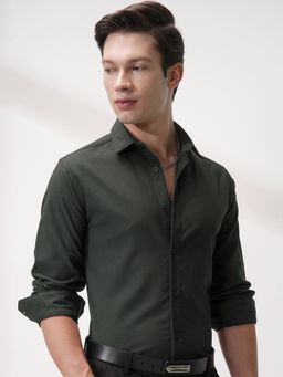 HIGHLANDER - Men's Olive Collar Neck Full Sleeves Slim Solid/Plain Shirt