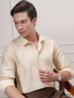 HIGHLANDER - Men's Beige Collar Neck Full Sleeves Slim Textured Shirt