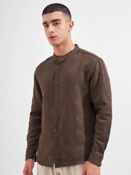 HIGHLANDER - Men's Brown Mandarin Neck Full Sleeves Relaxed Textured Shirt