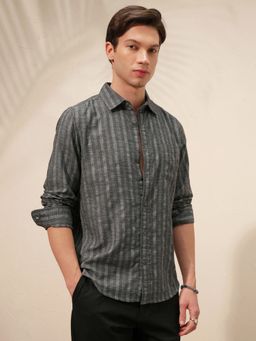 HIGHLANDER - Men's Charcoal Collar Neck Full Sleeves Slim Stripes Shirt