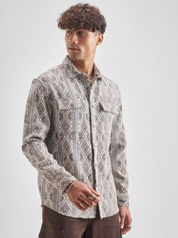 HIGHLANDER - Men's Brown Collar Neck Full Sleeves Oversized Textured Shirt
