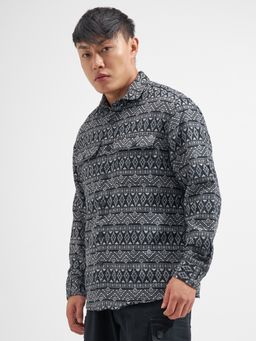 HIGHLANDER - Men's Black Collar Neck Full Sleeves Oversized Textured Shirt