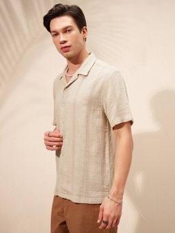 HIGHLANDER - Men's Beige Collar Neck Half Sleeves Relaxed Textured Shirt
