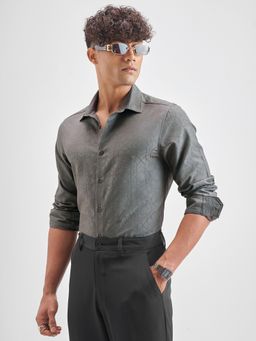 HIGHLANDER - Men's Grey Collar Neck Full Sleeves Slim Textured Shirt