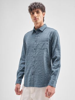 HIGHLANDER - Men's Blue Collar Neck Full Sleeves Slim Textured Shirt