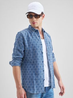 HIGHLANDER - Men's Blue Collar Neck Full Sleeves Slim Textured Shirt
