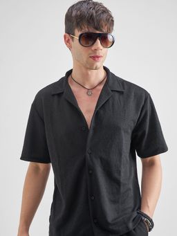 HIGHLANDER - Men's Black Collar Neck Half Sleeves Relaxed Textured Shirt
