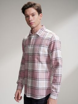 HIGHLANDER - Men's Pink Collar Neck Full Sleeves Slim Checks Shirt