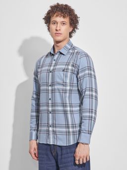 HIGHLANDER - Men's Blue Collar Neck Full Sleeves Slim Checks Shirt