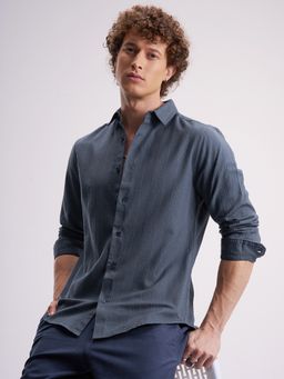 HIGHLANDER - Men's Blue Collar Neck Full Sleeves Slim Textured Shirt