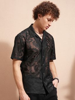 HIGHLANDER - Men's Black Collar Neck Half Sleeves Relaxed Self Design Shirt