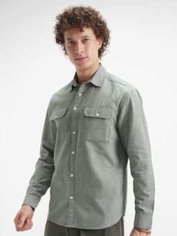 HIGHLANDER - Men's Green Collar Neck Full Sleeves Relaxed Textured Shirt