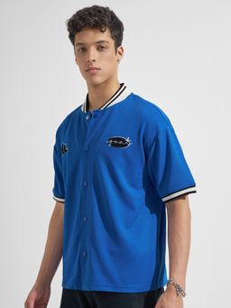 HIGHLANDER - Men's Blue High Neck Half Sleeves Relaxed Solid/Plain Shirt