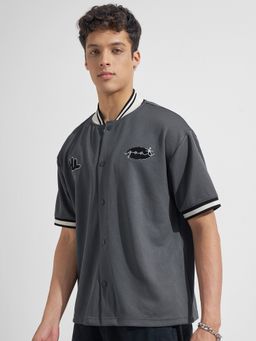 HIGHLANDER - Men's Grey High Neck Half Sleeves Relaxed Solid/Plain Shirt