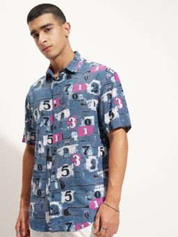 HIGHLANDER - Men's Blue Collar Neck Half Sleeves Relaxed Printed Shirt
