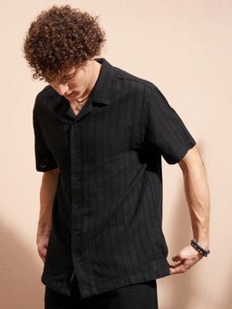 HIGHLANDER - Men's Black Collar Neck Half Sleeves Relaxed Textured Shirt